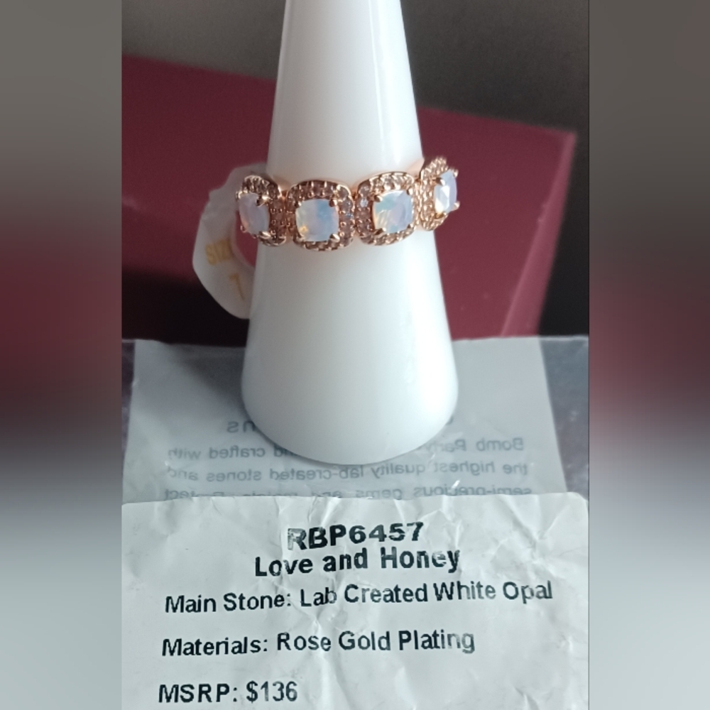 Size 7 "Love & Honey" Lab Created White Opal, Rose Gold Plating